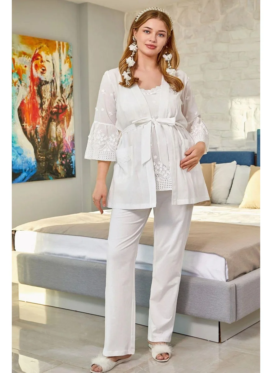 Cossy By Aqua 25140 Maternity and Maternity Dressing Gown Pajama Set-Cream