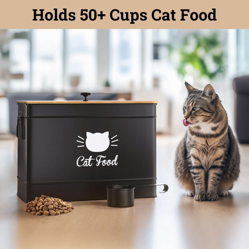 HB Design Co. Cat Food Storage Container with Scoop - 15 lb (50 Cup) Capacity Metal Cat Food Container with Airtight Bamboo Lid & Metal Scoop - Airtight Pet Food Storage Containers - 15 lb Treats & Kibble Container - Image 3