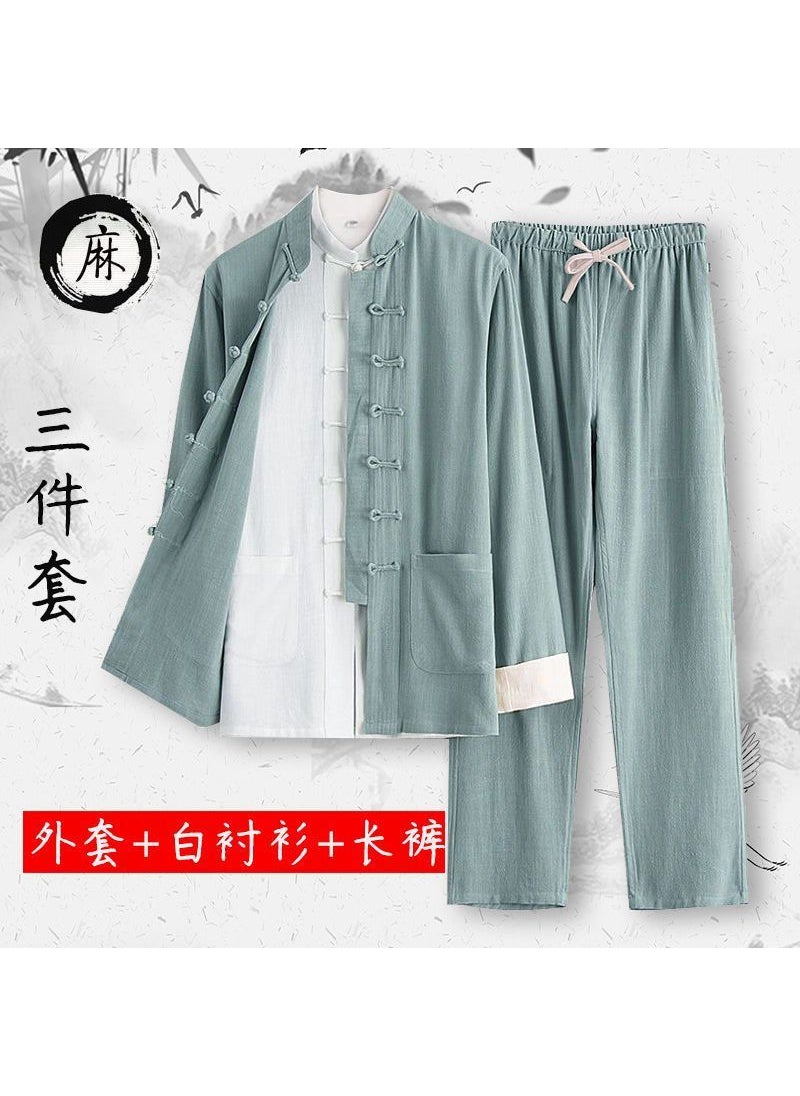 Generic Tang Suit Mens Cotton and Linen Ancient Suit suit Tea Suit Ancient Style Meditation Suit Chinese Style Zhongshan Suit Spring Summer Autumn Ethnic Suit Hanfu Bean Green Three-Piece Jacket Bottoming Pants 