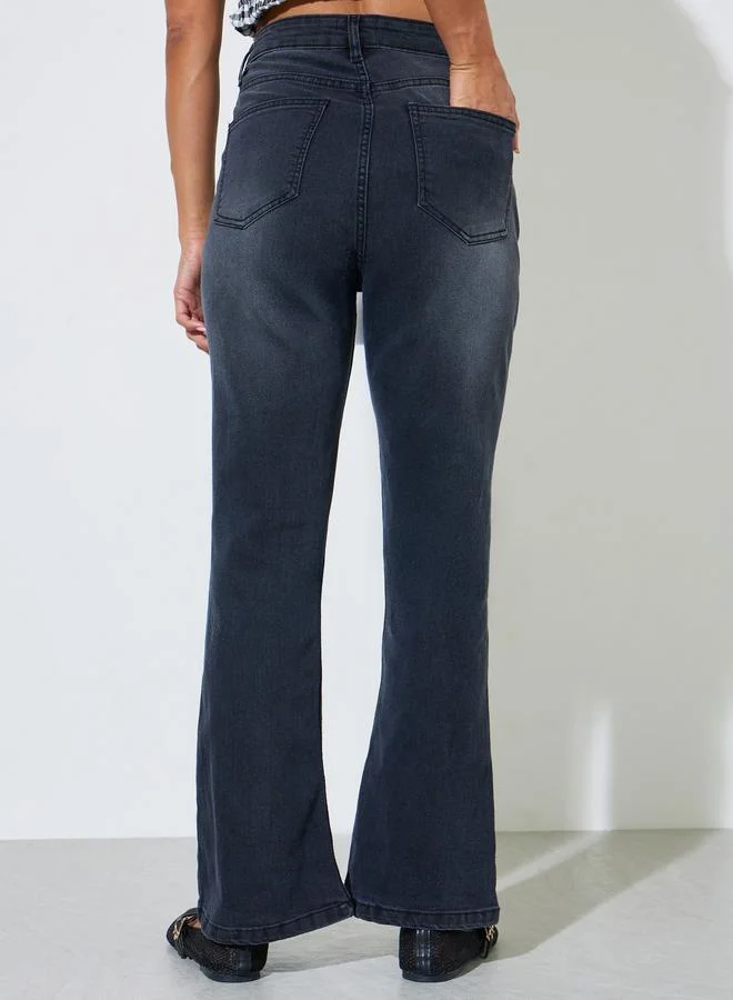 Styli  Charcoal High-Rise Flare Jeans for Women | Best Price UAE