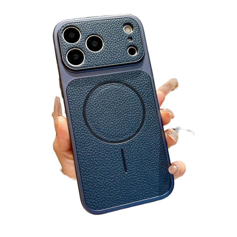 MS TPU MagSafe Case for iPhone 14 / 14 Plus / 14 Pro / 14 Pro Max with Drop Protection and Anti-Fingerprint plus Shockproof plus Strong Magnetic plus Leather Texture in Blue - Image 1