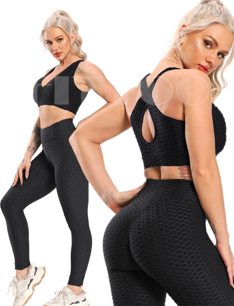 FITTOO Women's High Waist Yoga Pants Tummy Control Scrunched Booty Leggings Workout Running Butt Lift Textured Tights Peach Butt Black(M) - Image 3