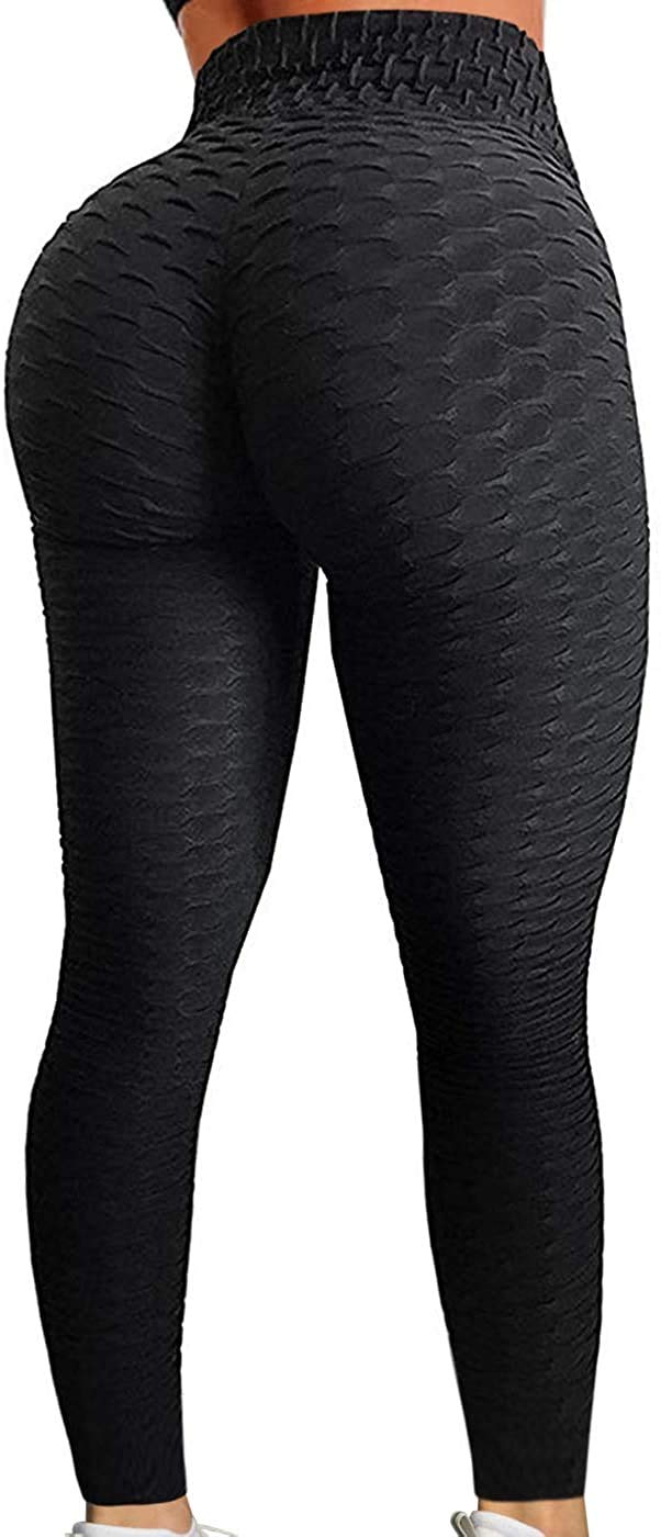 FITTOO Women's High Waist Yoga Pants Tummy Control Scrunched Booty Leggings Workout Running Butt Lift Textured Tights Peach Butt Black(M) - Image 1