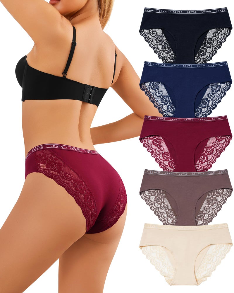 LEVAO Cotton Lace Underwear for Women Cheeky Bikini Soft Hipster Panties 5 Pack S-XXL - Image 1