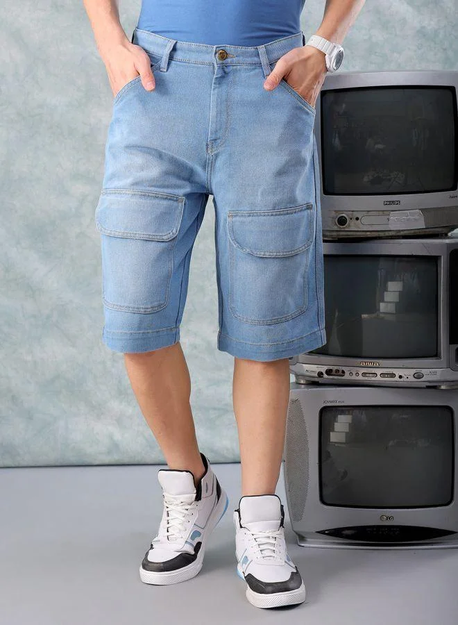ذا انديان كراج كو Men Relaxed Fit Solid Mid-Rise Denim Cargo Shorts
