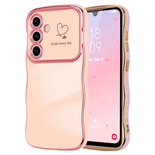 LCHULLE for Samsung Galaxy S23 FE Case for Women Girls, Cute Wave Frame Curly Shape with Love Heart Raised Camera Protection Cover Luxury Plating Shockproof Phone Case for Galaxy S23 FE, Pink - Image 1