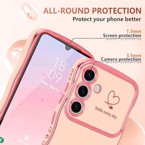 LCHULLE for Samsung Galaxy S23 FE Case for Women Girls, Cute Wave Frame Curly Shape with Love Heart Raised Camera Protection Cover Luxury Plating Shockproof Phone Case for Galaxy S23 FE, Pink - Image 4