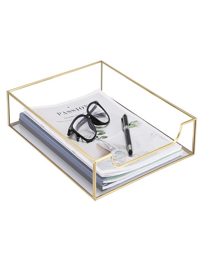 BTSKY 1 Pack Golden Glass Desk Tray, Multi-Purpose Organizer for A4 Paper, Documents, Desk Supplies, Makeup, Clear File Tray with Metal Frame, Stackable Decorative Storage for Home Office Vanity - Image 1