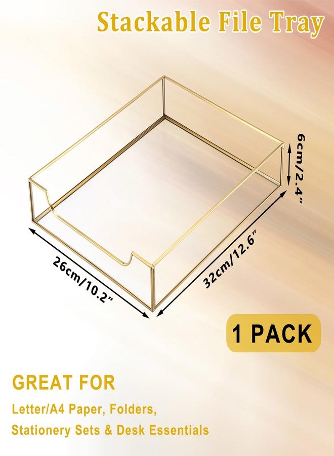 BTSKY 1 Pack Golden Glass Desk Tray, Multi-Purpose Organizer for A4 Paper, Documents, Desk Supplies, Makeup, Clear File Tray with Metal Frame, Stackable Decorative Storage for Home Office Vanity - Image 3