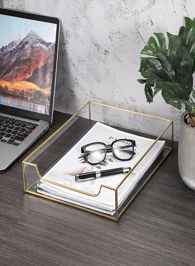 BTSKY 1 Pack Golden Glass Desk Tray, Multi-Purpose Organizer for A4 Paper, Documents, Desk Supplies, Makeup, Clear File Tray with Metal Frame, Stackable Decorative Storage for Home Office Vanity - Image 2