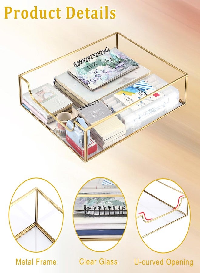 BTSKY 1 Pack Golden Glass Desk Tray, Multi-Purpose Organizer for A4 Paper, Documents, Desk Supplies, Makeup, Clear File Tray with Metal Frame, Stackable Decorative Storage for Home Office Vanity - Image 5