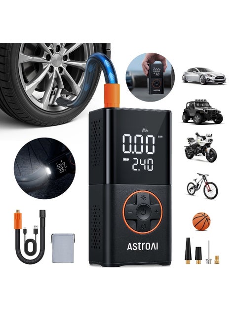 ضاغط هواء محمول L7 من استرو إيه آي، منفاخ دراجات كهربائي، منفاخ عجلات سيارة مع بطارية قابلة لإعادة الشحن 4000 ميلي أمبير في الساعة وإضاءة ليد للدراجات التقليدية والدراجات النارية والكرات للهدايا