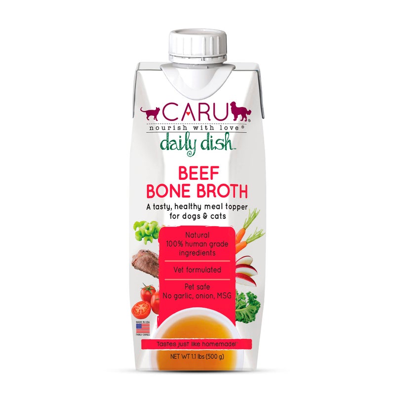Caru - Daily Dish Beef Bone Broth - Meal Topper for Dogs & Cats - Supports Overall Pet Health - Pour-Over Broth for Wet/Dry Food - Human Grade Ingredients - Non-GMO - Made in USA - 17.6 oz - 1 Pack - Image 1