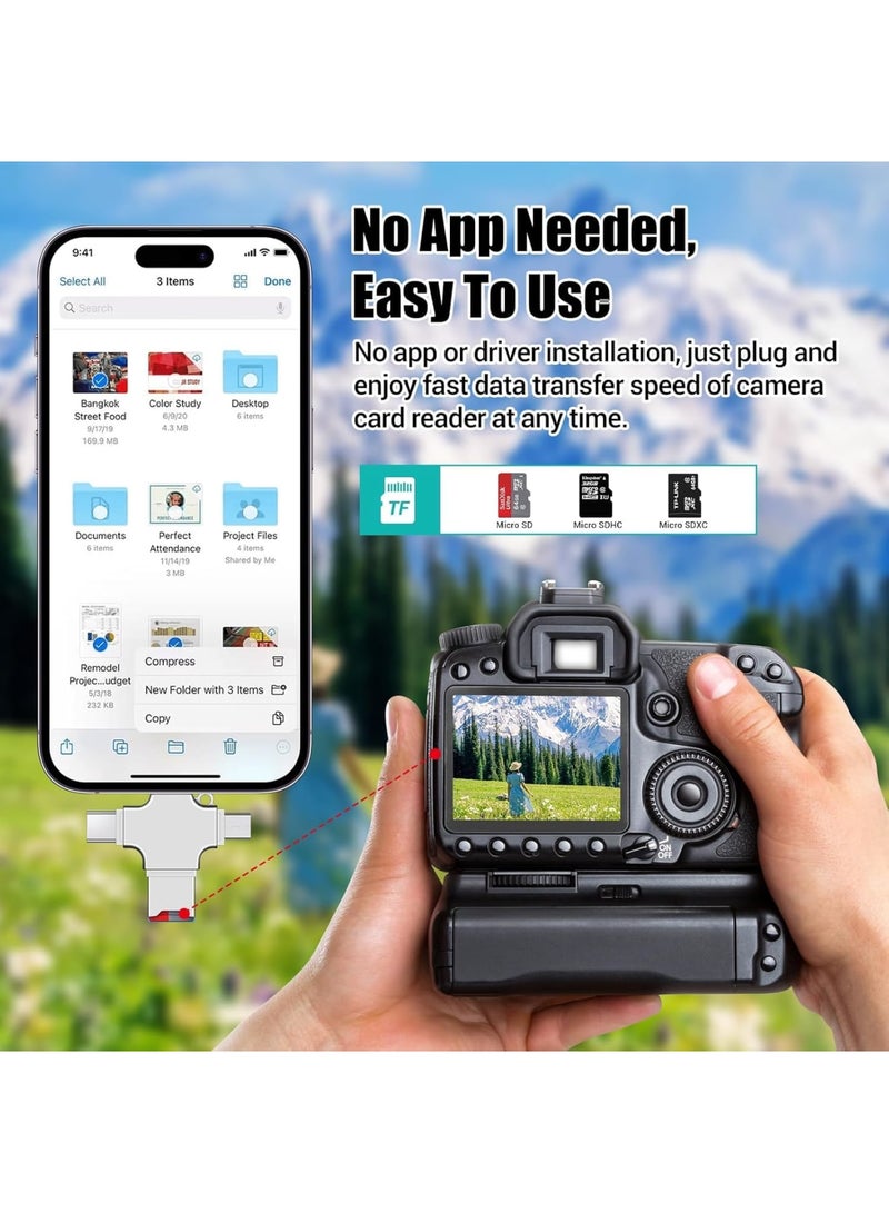 Zikra Micro SD Card Reader 4 In 1 Multi-Port Card Reader Universal Portable Memory Card Reader Trail Camera Viewer Micro SD Card Adapter Compatible with iPhone/iPad/Android/Macbook/Computer/Samsung - Image 2