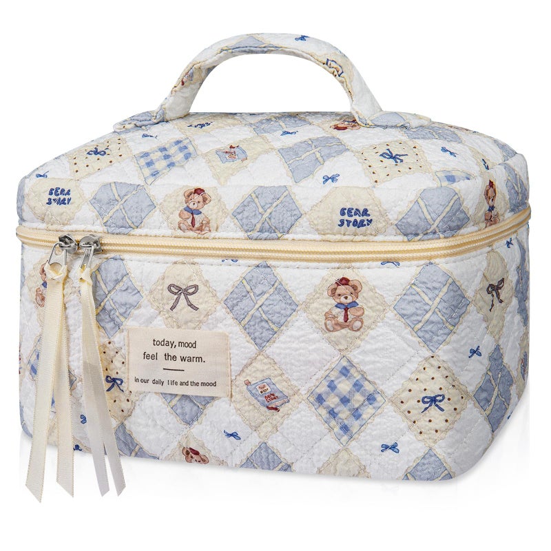 Gosect Large Makeup Bag Cute Cosmetic Bag for Women Girls Floral Coquette Aesthetic Toiletry Bag Travel Make Up Organizer Bag Check Bear - Image 2