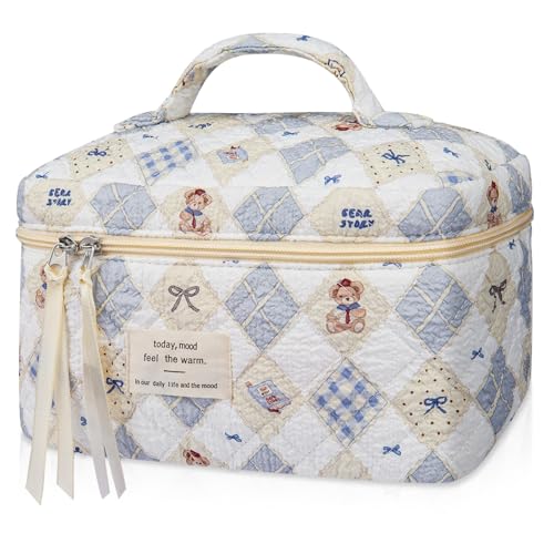 Gosect Large Makeup Bag Cute Cosmetic Bag for Women Girls Floral Coquette Aesthetic Toiletry Bag Travel Make Up Organizer Bag Check Bear - Image 1