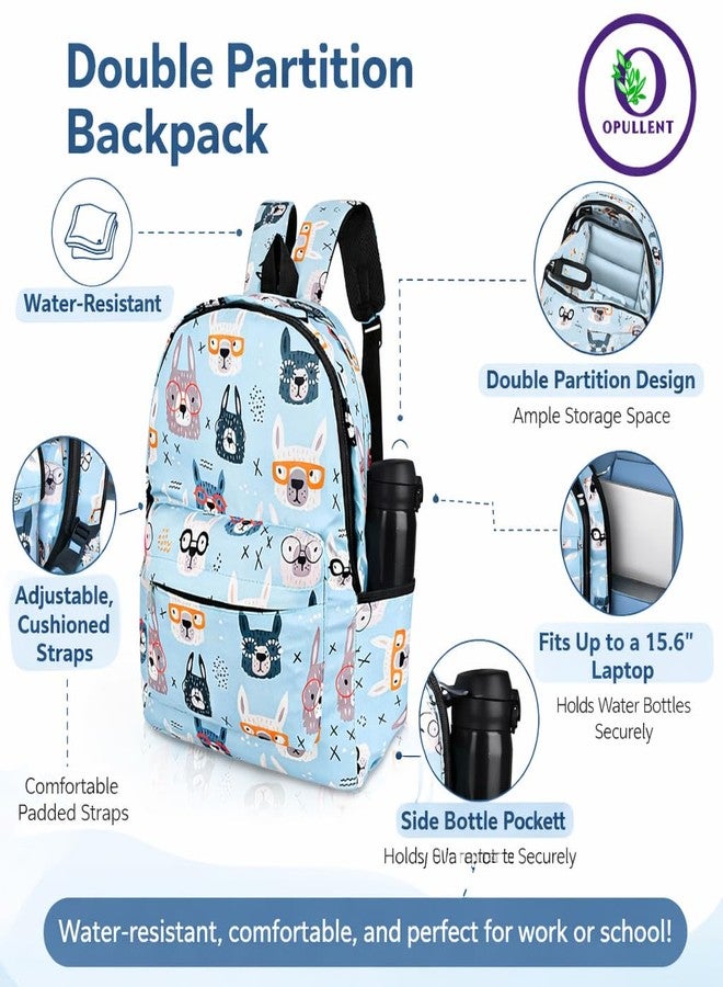 OPULLENT Girls Backpack with Llama Glasses Print, Light Blue, Cute Animal Pattern School Bag with Water Bottle Holder For Kids, Boys, Girls, Men And Women | Best Bags For Everyday Use (pack Of-1) - Image 3