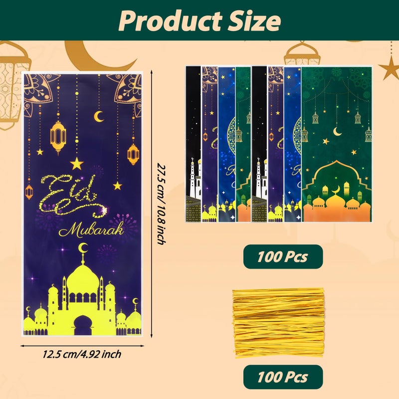 GOMANCHE Eid Mubarak Cellophane Treat Bags, 100Pcs Ramadan Plastic Clear Goodie Bags with 100pcs Twist Ties, Eid Mubarak Goody Gift Bag for Islam Party Decorations - Image 2