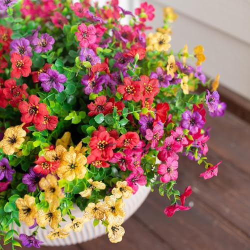 HyeFlora Artificial Flowers for Outdoor Indoor Garden Home Decoration, Faux Flower Daisy with Eucalyptus Leaves Fake Plants Greenery Boxwood Porch Patio, 12 Bundles (Mix Pink Red Purple Yellow) - Image 2
