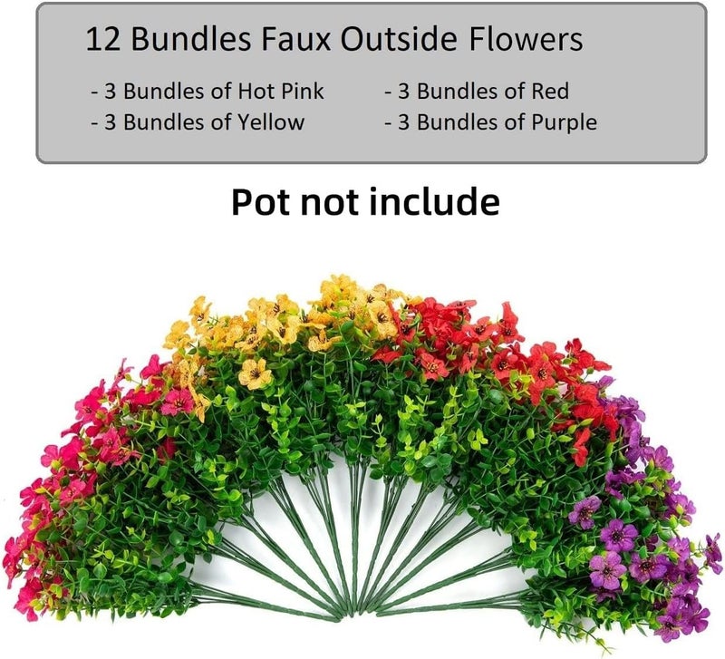 HyeFlora Artificial Flowers for Outdoor Indoor Garden Home Decoration, Faux Flower Daisy with Eucalyptus Leaves Fake Plants Greenery Boxwood Porch Patio, 12 Bundles (Mix Pink Red Purple Yellow) - Image 3