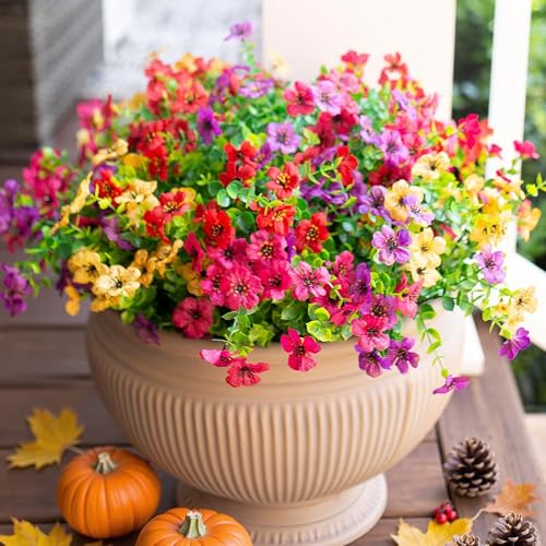 HyeFlora Artificial Flowers for Outdoor Indoor Garden Home Decoration, Faux Flower Daisy with Eucalyptus Leaves Fake Plants Greenery Boxwood Porch Patio, 12 Bundles (Mix Pink Red Purple Yellow) - Image 1