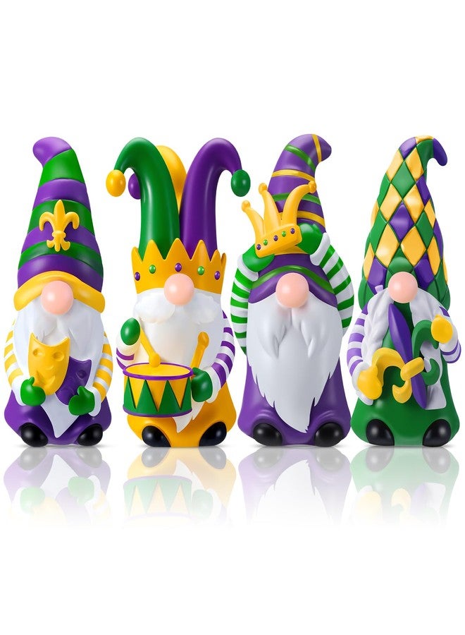 ShinyRelief 4 Pcs Mardi Gras Figurines Resin Gnome Tabletop Green Yellow Purple Sculpture Mask Fleur De Lis Table Centerpiece for Masquerade Dining Room Home Party Supplies Decor - Image 1