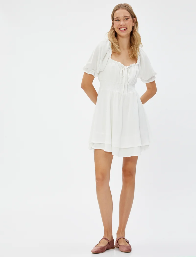 KOTON Gimped Square Neck Puff Sleeve Chiffon Dress