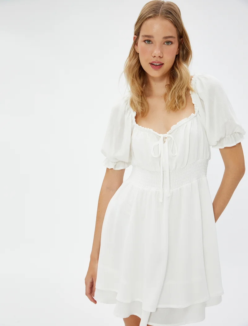 KOTON Gimped Square Neck Puff Sleeve Chiffon Dress
