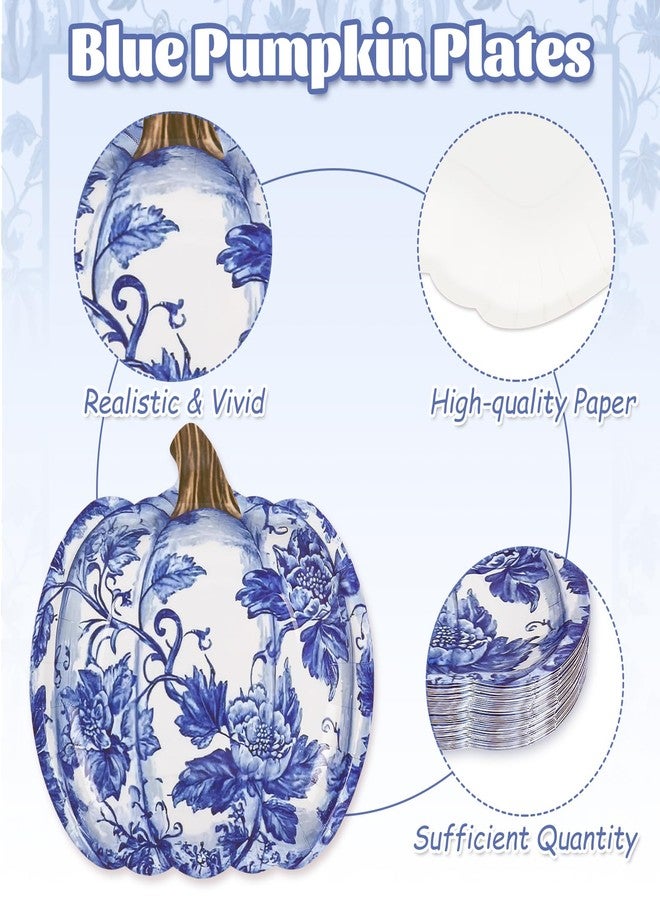 JarThenaAMCS 40Pcs Fall Blue Pumpkin Paper Plates Chinoiserie Pumpkin Disposable Plate Blue White Floral Dinner Plate for Autumn Harvest Thanksgiving Party Supplies - Image 3