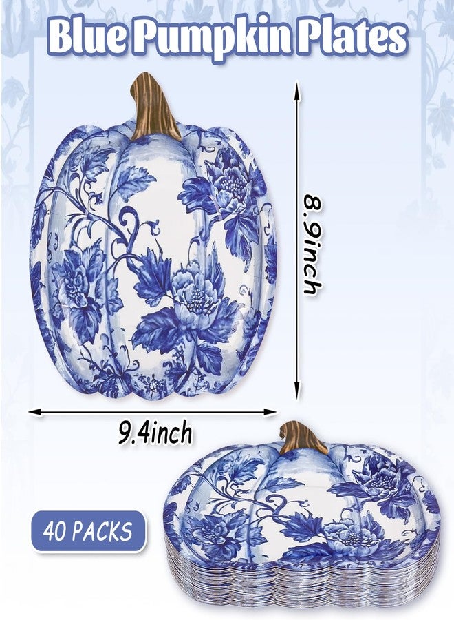 JarThenaAMCS 40Pcs Fall Blue Pumpkin Paper Plates Chinoiserie Pumpkin Disposable Plate Blue White Floral Dinner Plate for Autumn Harvest Thanksgiving Party Supplies - Image 2