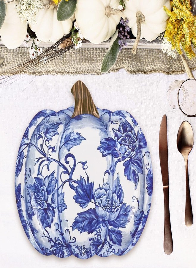 JarThenaAMCS 40Pcs Fall Blue Pumpkin Paper Plates Chinoiserie Pumpkin Disposable Plate Blue White Floral Dinner Plate for Autumn Harvest Thanksgiving Party Supplies - Image 4