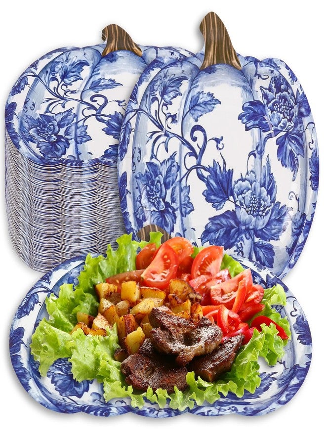 JarThenaAMCS 40Pcs Fall Blue Pumpkin Paper Plates Chinoiserie Pumpkin Disposable Plate Blue White Floral Dinner Plate for Autumn Harvest Thanksgiving Party Supplies - Image 1