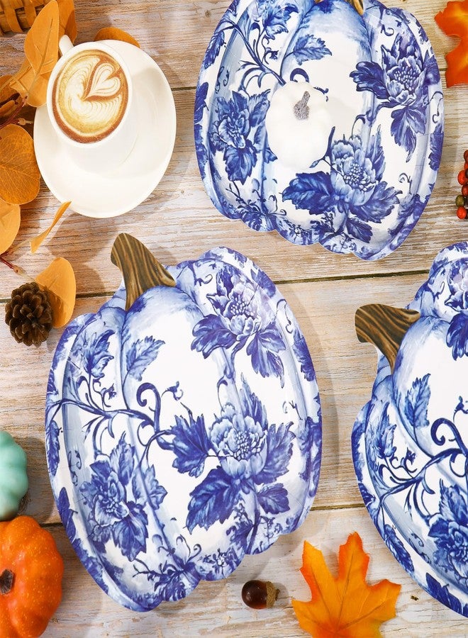 JarThenaAMCS 40Pcs Fall Blue Pumpkin Paper Plates Chinoiserie Pumpkin Disposable Plate Blue White Floral Dinner Plate for Autumn Harvest Thanksgiving Party Supplies - Image 5