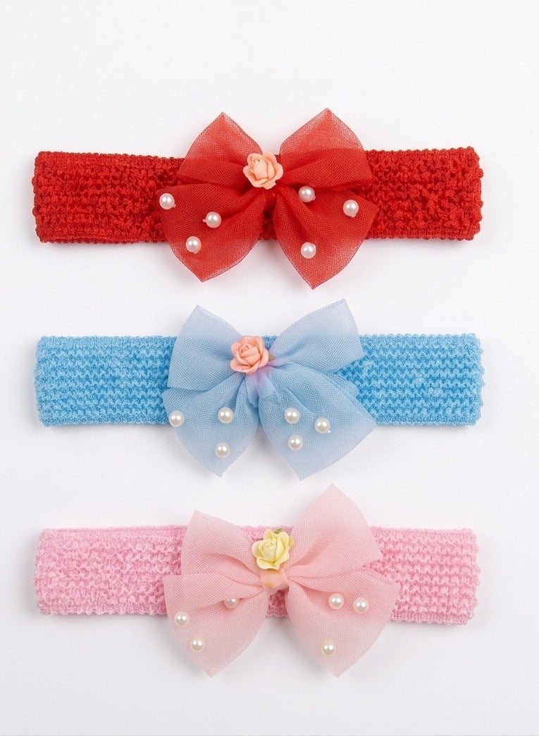 Dantiya 3 Pcs Girls Bow Headbands Set, Cute Stretchy Hair Bands with Large Bow & Pearl Details, Soft Elastic Hair Accessories for Baby Girls, Toddlers & Kids, Red Blue Pink, Birthday Party & Everyday Wear - Image 1