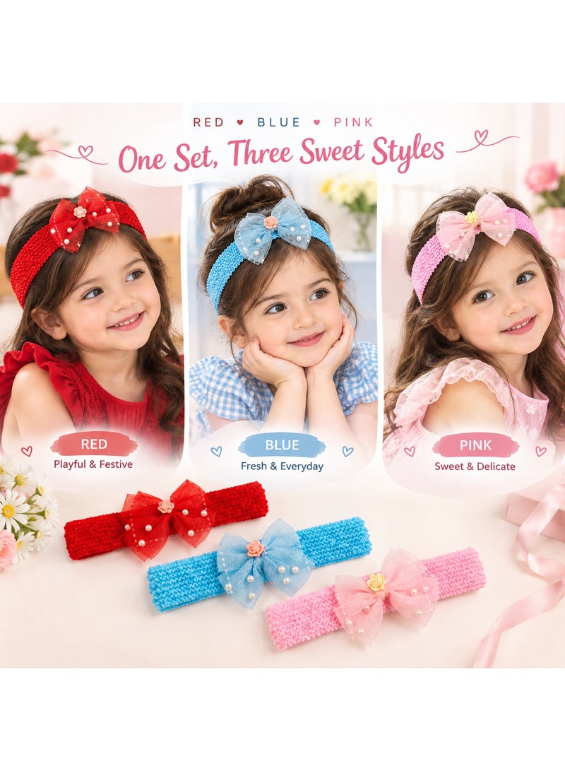 Dantiya 3 Pcs Girls Bow Headbands Set, Cute Stretchy Hair Bands with Large Bow & Pearl Details, Soft Elastic Hair Accessories for Baby Girls, Toddlers & Kids, Red Blue Pink, Birthday Party & Everyday Wear - Image 3