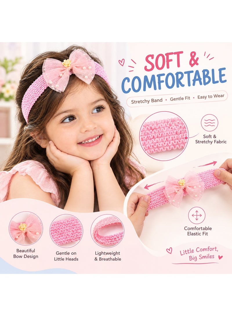 Dantiya 3 Pcs Girls Bow Headbands Set, Cute Stretchy Hair Bands with Large Bow & Pearl Details, Soft Elastic Hair Accessories for Baby Girls, Toddlers & Kids, Red Blue Pink, Birthday Party & Everyday Wear - Image 4