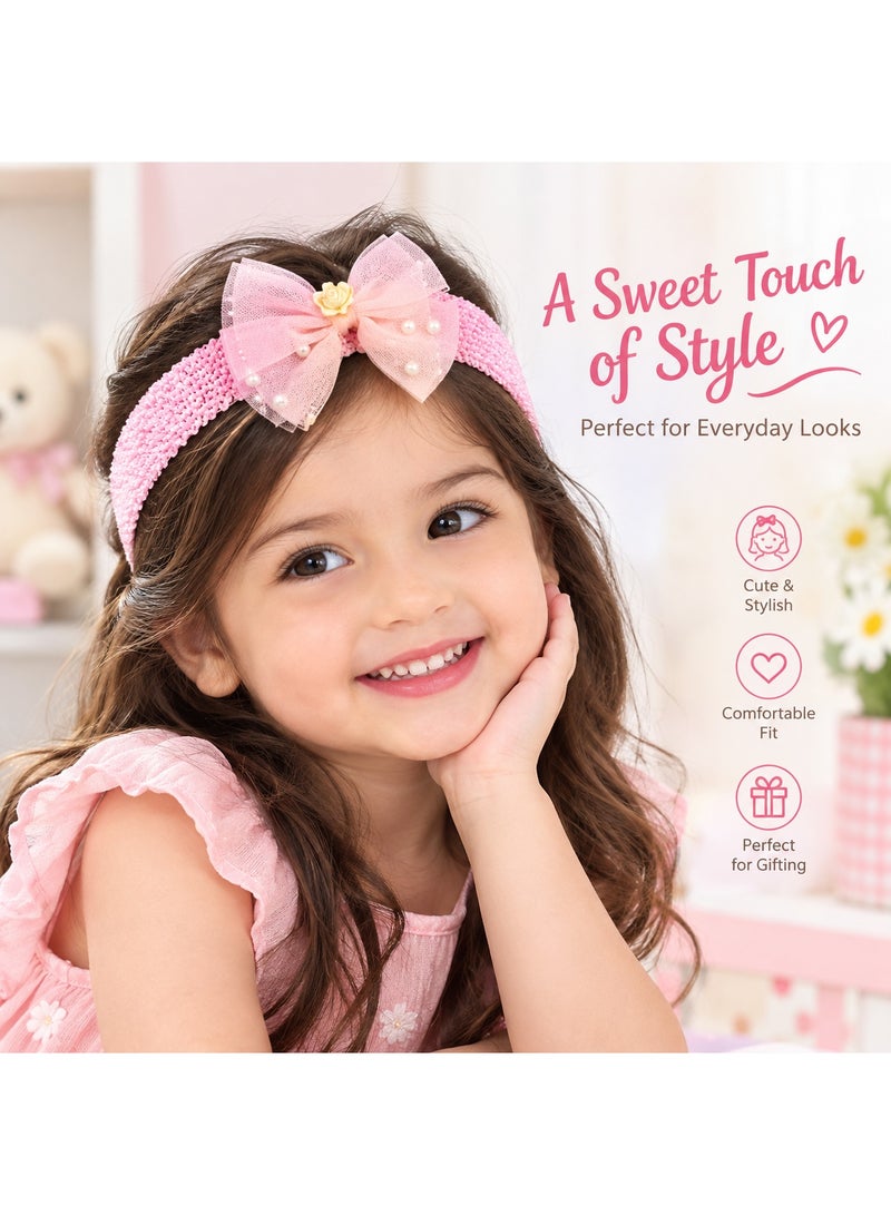Dantiya 3 Pcs Girls Bow Headbands Set, Cute Stretchy Hair Bands with Large Bow & Pearl Details, Soft Elastic Hair Accessories for Baby Girls, Toddlers & Kids, Red Blue Pink, Birthday Party & Everyday Wear - Image 2