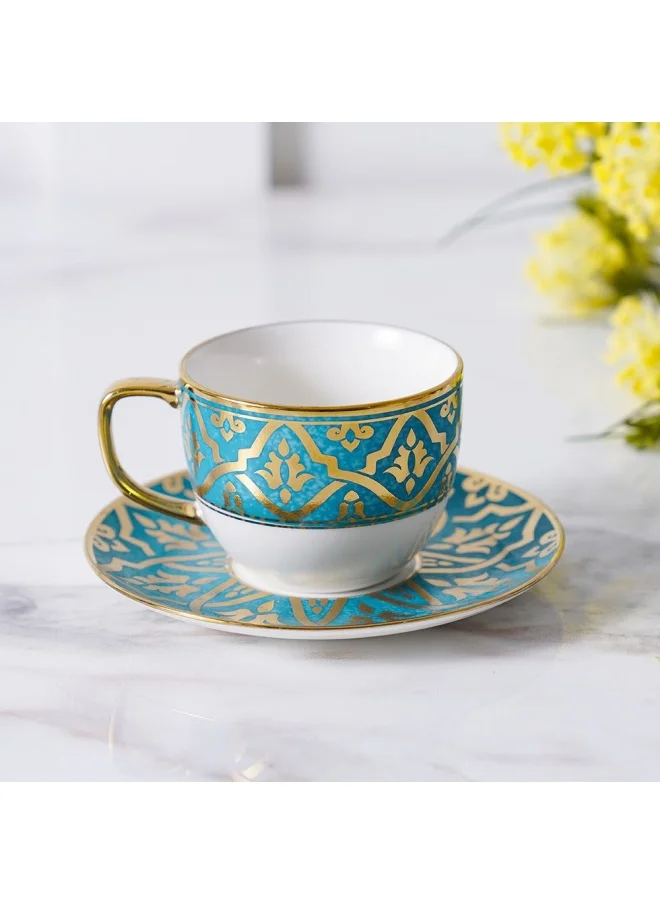 DANUBE HOME Zahra Cup and Saucer Perfect for Specialty Coffee Drinks Latte Cafe Mocha and Tea White Blue Gold 200ml