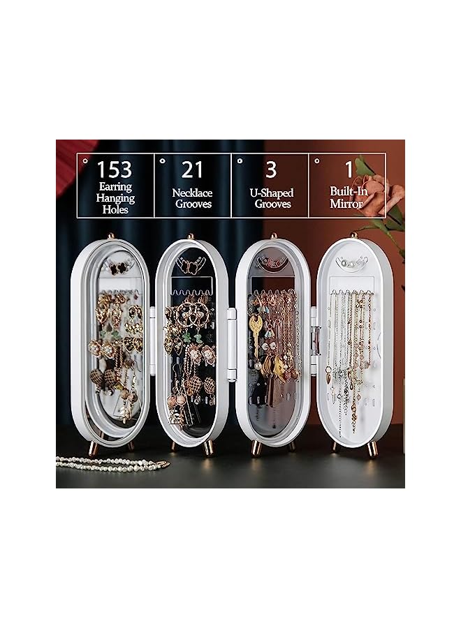 PROMASS Collapsible Earring Holder With Mirror, Earring Necklace Jewelry Box Organizer Necklace Holder for for Women and Girls, Small Jewelry Organizer Box, Gifts for Girls (White) - Image 3