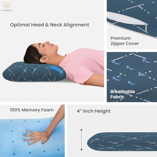 MY ARMOR Cool Gel Memory Foam Pillow for Neck & Shoulder Pain with Removable Zipper Cover, Standard Size - 4 Inch Height, Blue Checks Cover - Pack of 1 - Image 3