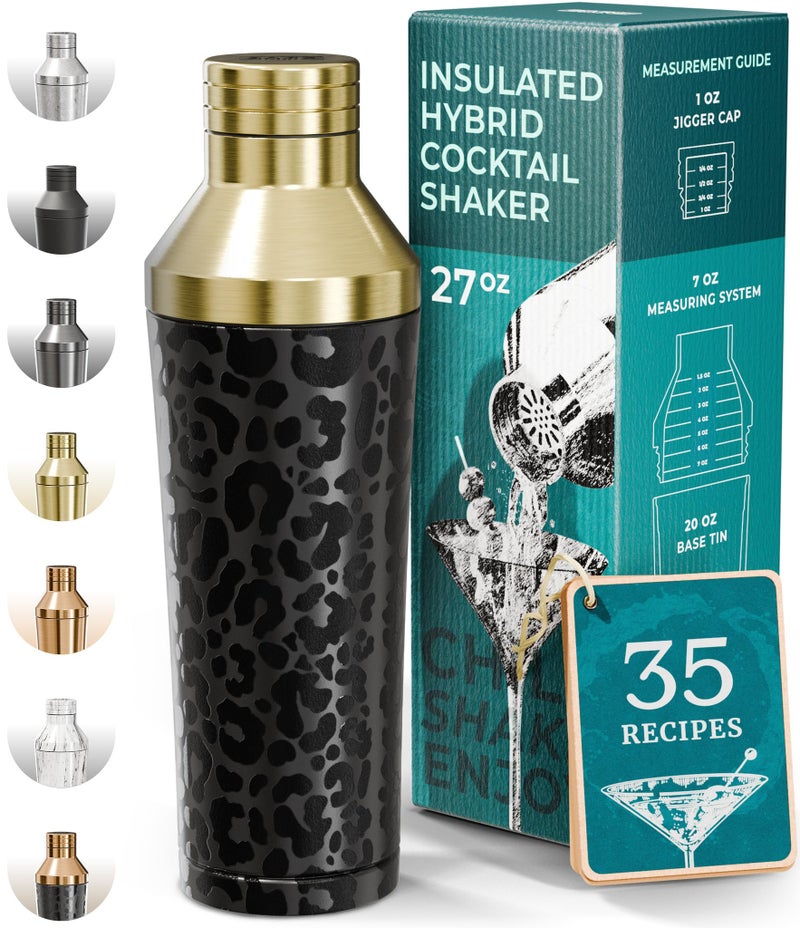 BARE BARREL Insulated Cocktail Shaker Set | Double Wall Stainless Steel | Martini Shaker for Home Bar Bartending | Built-in Drink Measure System & Strainer, Travel Bag, Recipes | Gift Set (Leo Gold) - Image 1