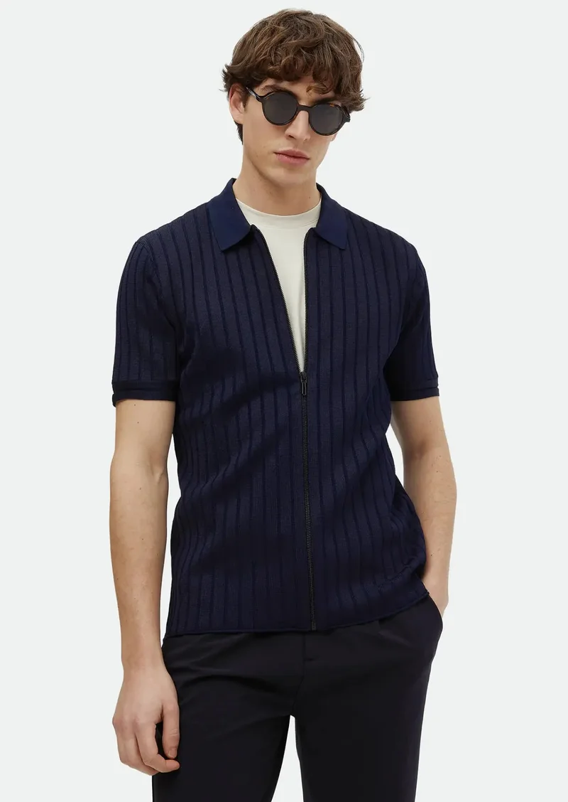 RAMSEY Navy Blue Polo Neck Jacquard Cardigan