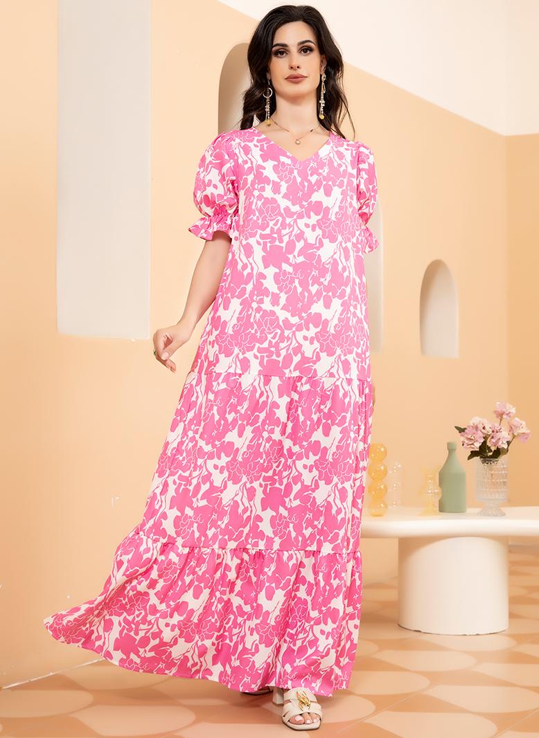 فرايديين لطيف طوق على شكل V زهري تباين اللون جيب كم الاميرة فساتين طويلة وردي - Image 5