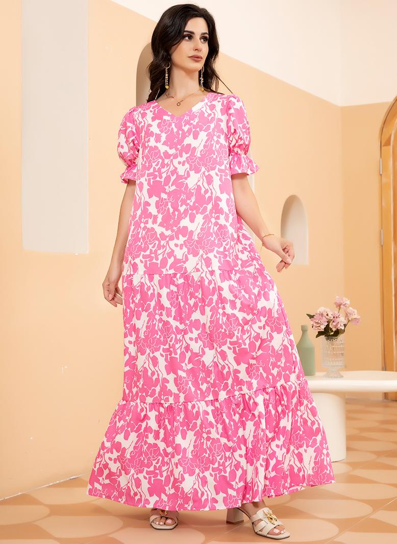 فرايديين لطيف طوق على شكل V زهري تباين اللون جيب كم الاميرة فساتين طويلة وردي - Image 3