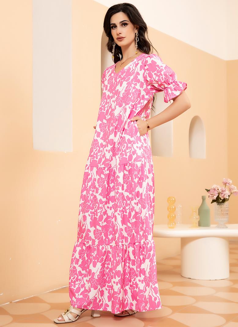 فرايديين لطيف طوق على شكل V زهري تباين اللون جيب كم الاميرة فساتين طويلة وردي - Image 4