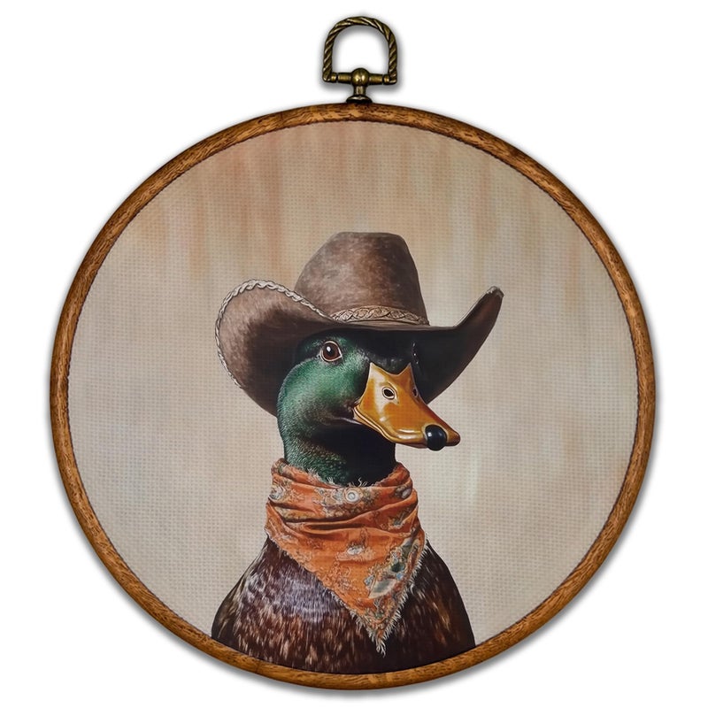 BCUANGD Western Hunting Round Wall Art Decor - Retro Duck Neutral Wall Art Canvas Frame Artwork Prints, Rustic Vintage Country Round Wall Hanging Decorations for Home Farmhouse Bedroom, 10"x10" - Image 1