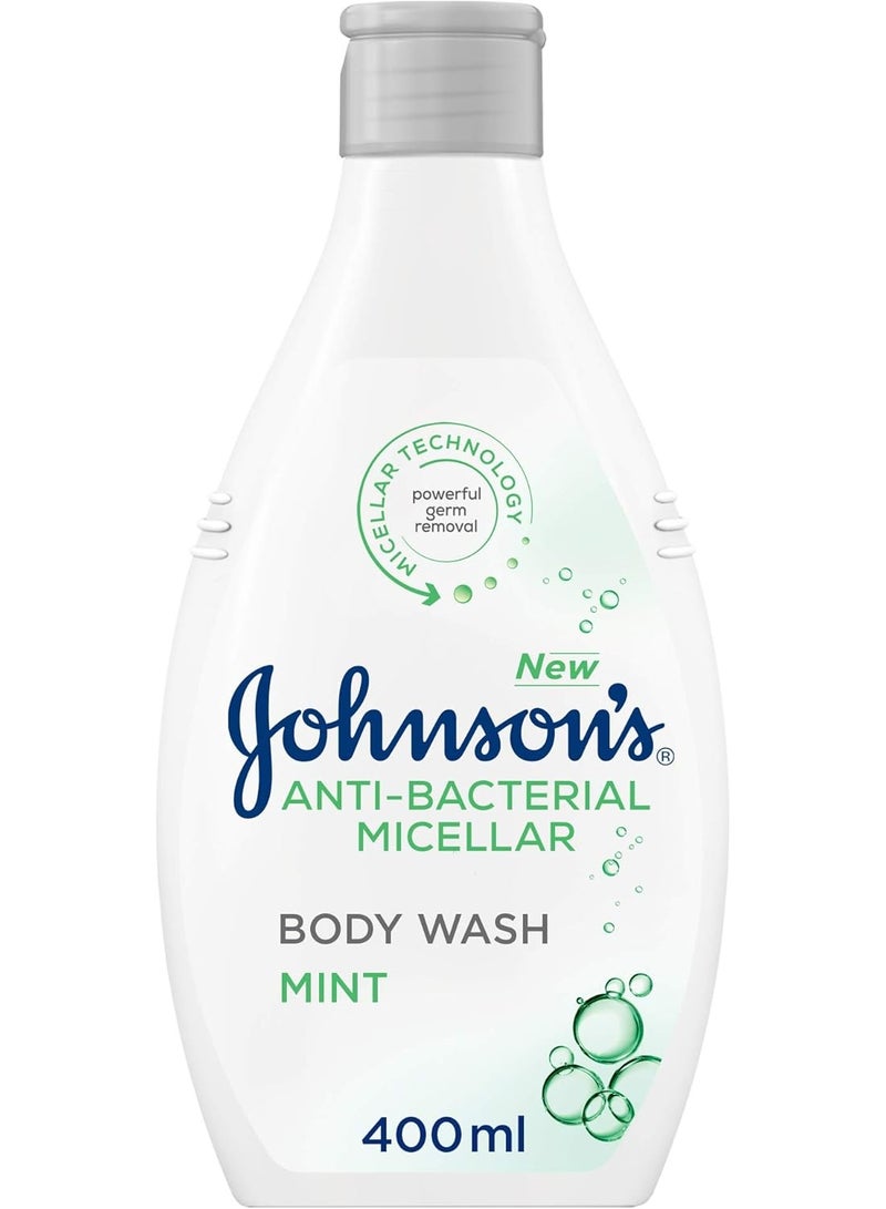 Johnson's Body Wash, Anti-Bacterial Micellar, Mint, with micellar technology, targets and lifts germs out like a magnet while keeping skin's natural protective barrier, 400 ml - Image 1