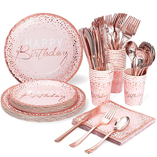 Tyzarglef 175PCS Happy Birthday Plates and Napkins Party Supplies, Paper Pink and Rose Gold Plastic Forks Knives Spoons Serve 25 Guests for Girl Women - Image 1