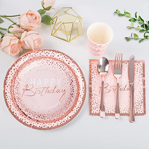 Tyzarglef 175PCS Happy Birthday Plates and Napkins Party Supplies, Paper Pink and Rose Gold Plastic Forks Knives Spoons Serve 25 Guests for Girl Women - Image 3