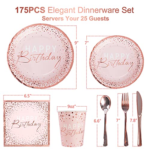 Tyzarglef 175PCS Happy Birthday Plates and Napkins Party Supplies, Paper Pink and Rose Gold Plastic Forks Knives Spoons Serve 25 Guests for Girl Women - Image 2